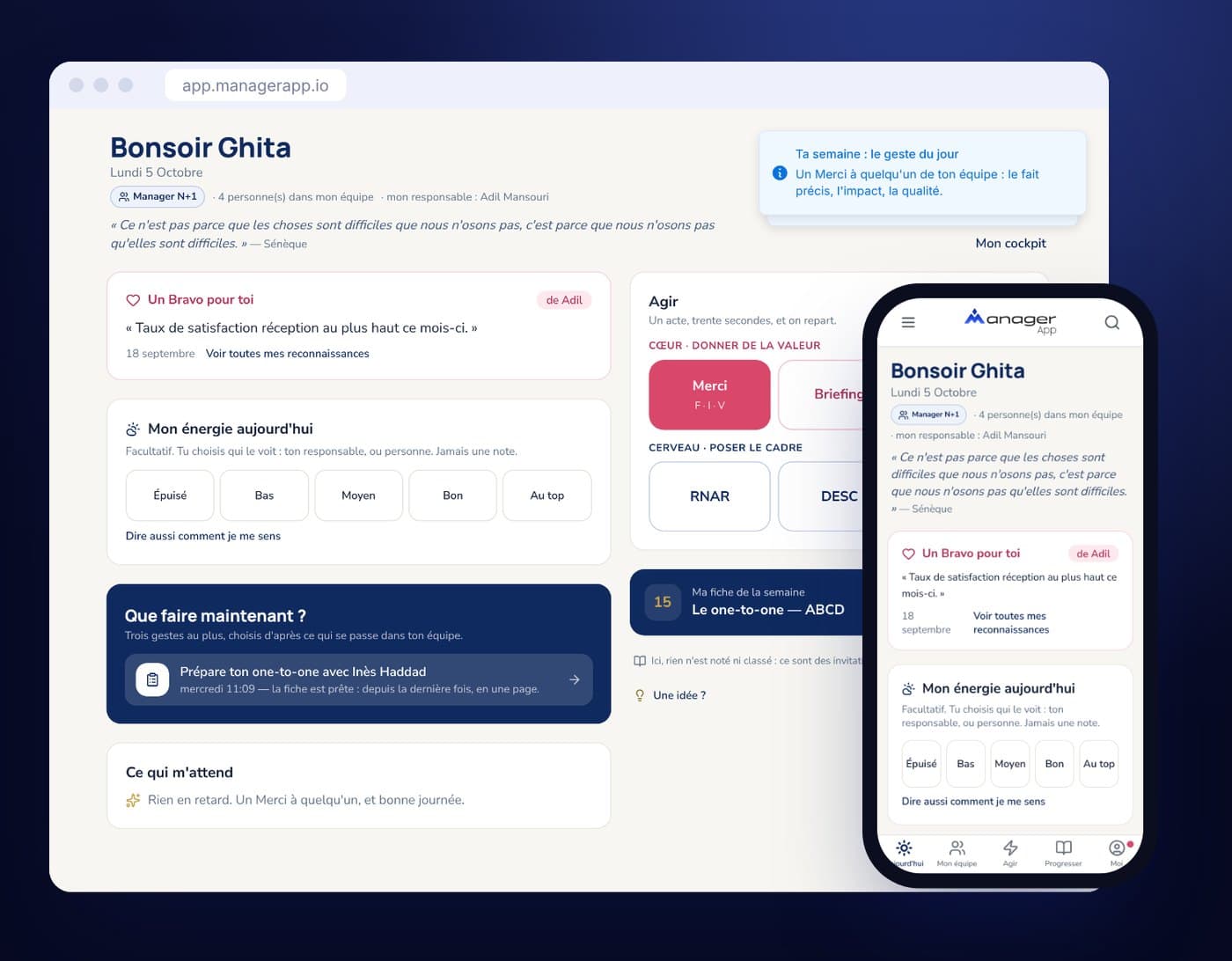 Écran Aujourd'hui du manager dans ManagerApp, sur ordinateur et sur téléphone