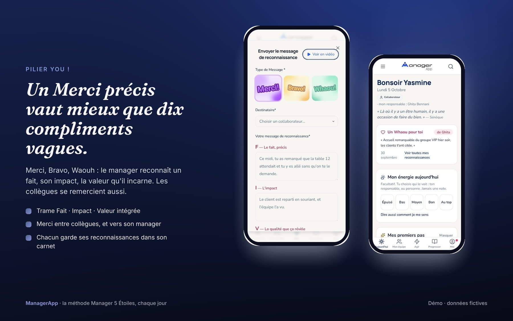 Envoi d'un Merci dans ManagerApp : un collaborateur reçoit un Waouh de sa manager