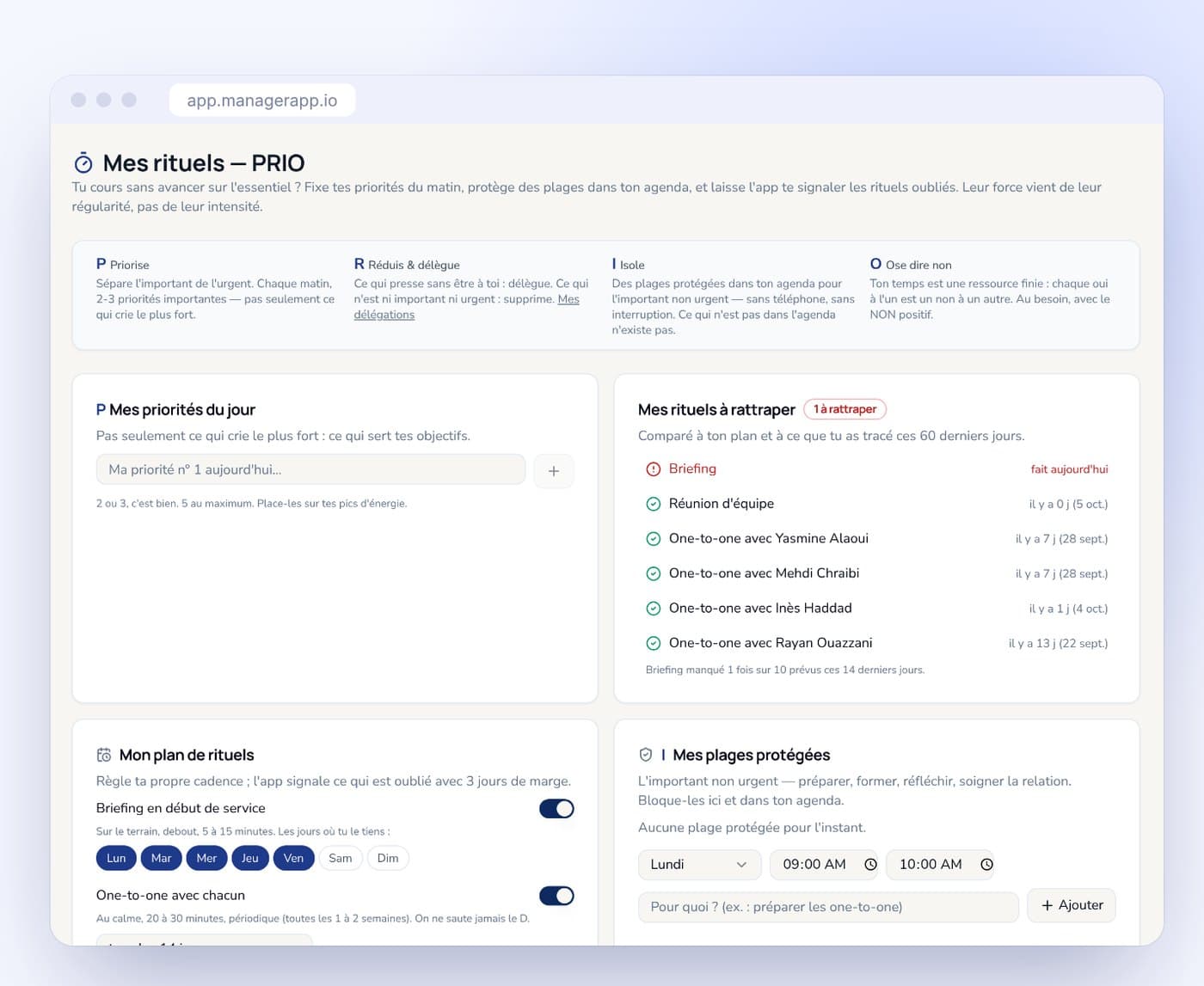 Écran Mes rituels de ManagerApp : briefings, réunions et one-to-one planifiés pour le manager